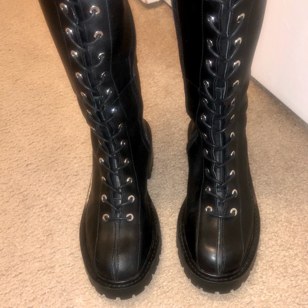 NWOT Zara Thigh High Genuine Leather Lace Up Boots Lug Sole. - Picture 10 of 16